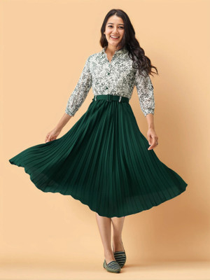 AASK Women Fit and Flare Green Midi/Calf Length Dress