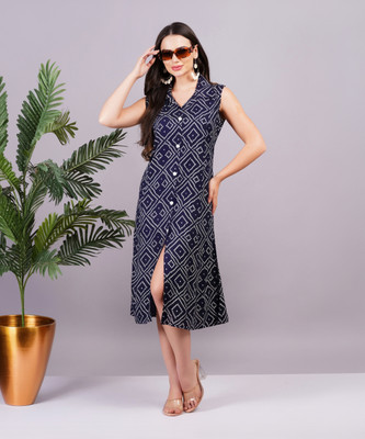 Highlight fashion export Women A-line Dark Blue Midi/Calf Length Dress