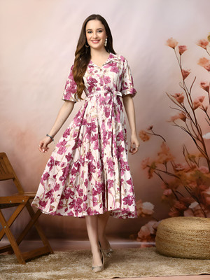 HouseOfCommon Women Fit and Flare White Below Knee Dress