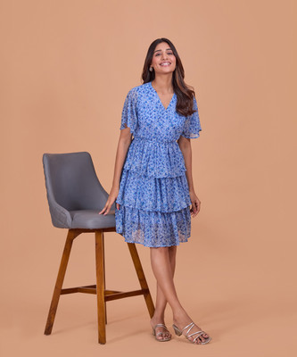 FashFun Women Fit and Flare Blue Above Knee/Mid Thigh Length Dress