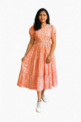 BLOOMORAA FASHION Women Fit and Flare Orange Midi/Calf Length Dress