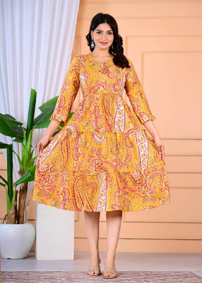 LH HANDICRAFTS Women Fit and Flare Yellow Below Knee Dress