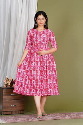 aashub Women Fit and Flare Pink Midi/Calf Length Dress