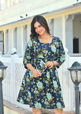 Fasshion Studio Women Fit and Flare Blue Knee Length Dress