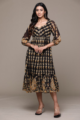 aarke Ritu Kumar Women Fit and Flare Black Maxi/Full Length Dress
