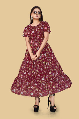 BENIXA TEXTILE Women Fit and Flare Multicolor Maxi/Full Length Dress