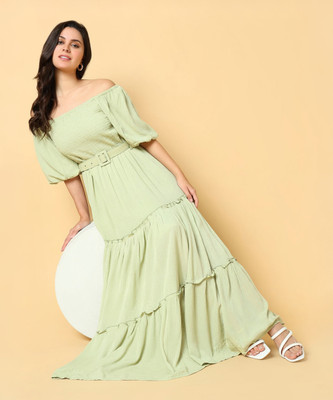 SHOWOFFFF Women Fit and Flare Green Maxi/Full Length Dress