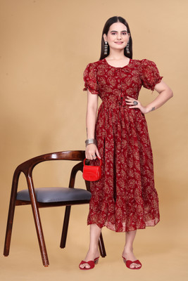HouseOfCommon Women Ethnic Dress Red Knee Length Dress