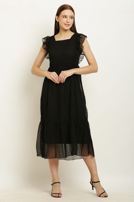 Wolver Women A-line Black Midi/Calf Length Dress