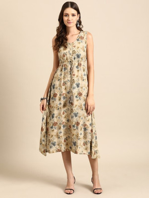 ANOUK Women Fit and Flare Beige Midi/Calf Length Dress