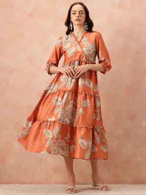 all about you Women Fit and Flare Orange Midi/Calf Length Dress