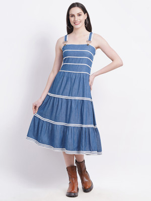 Hi Fashion Women A-line Dark Blue Midi/Calf Length Dress
