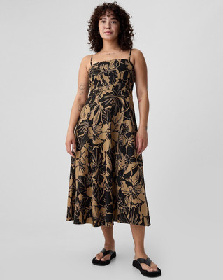 GAP Women A-line Beige, Black Midi/Calf Length Dress