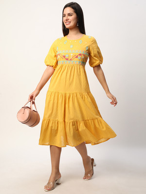 R&B Women A-line Yellow Midi/Calf Length Dress