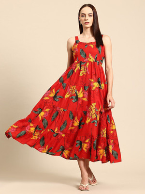 A&k Women Fit and Flare Red, Multicolor Midi/Calf Length Dress
