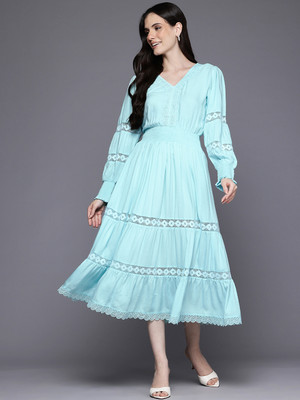 IRONIC CREATION Women Fit and Flare Blue Midi/Calf Length Dress