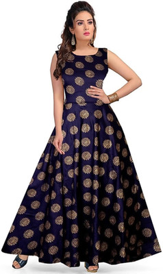 Jaipuri Attire Women Gown Dark Blue Maxi/Full Length Dress