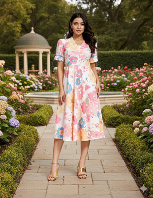 chukchuk Women Fit and Flare Pink Midi/Calf Length Dress