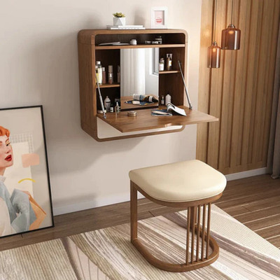 KDINTERIORS Wall Mounted Makeup Vanity with Movable Mirror & Cushioned Stool Engineered Wood Dressing Table(Finish Color - , Walnut, Pre-assembled)