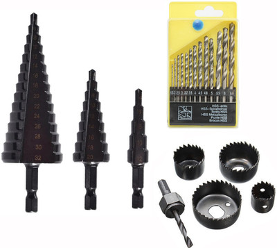 Digital Craft 3Pc Titanium HSS Step Drill Set,6Pc Wood Hole Saw Set,13Pc HSS Drill Bit Set 4-12/4-20/4-32mm Hss Step Drill Bit Black Coated Cone Hole Cutter Metal Drill
