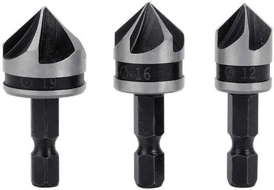 apex ecomm 3pcs 1/4 Inch Hex Shank 5 Flute 90 Degree Chamfering Countersink Drill Bit Set 12mm 16mm 19mm