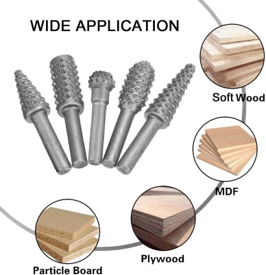 uptodatetools Rotary Burr Rasp Set - 5Pcs Wood Carving File Drill Bits, 1/4 Inch Round Shank Chisel Shaped Embossed Grinding Head DIY Woodworking Power Tools for Polishing, Grinding, Engraving