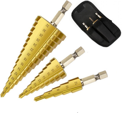 RDX 3Pc Hss Step Cone Taper Drill Bit Set Hole Cutter Metric 4-12/20/32Mm 1/4 Inch Titanium Coated Metal Hex Bits
