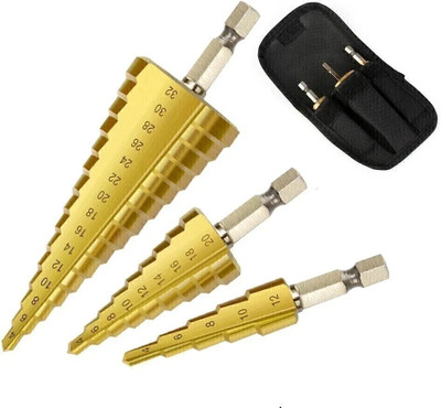 RDX 3Pc Hss Step Cone Taper Drill Bit Set Hole Cutter Metric 4-12/20/32Mm 1/4 Inch Titanium Coated Metal Hex Bits NA Specialty Woodworking Bits Set(Pack of 3)