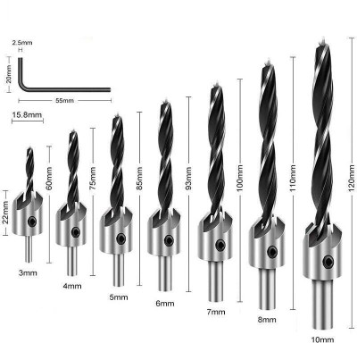 Lubaba 7Pcs HSS Countersink Drill Bit Set Hex Shank Woodworking Pilot Screw Holes Set. with head counter on wood set of 7pcs 3mm to 10mm