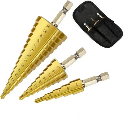 RDX 3Pc Hss Step Cone Taper Drill Bit Set Hole Cutter Metric 4-12/20/32Mm 1/4 Inch Titanium Coated Metal Hex Bits NA Specialty Woodworking Bits Set(Pack of 3)