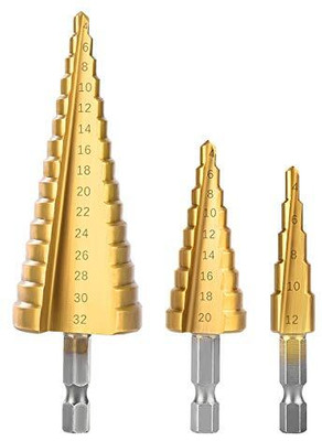 AS TOOL CENTER 3Pcs/lot HSS Steel Large Step Cone Titanium Coated Metal Drill Bit Cut Tool Set Hole Cutter 4-12/20/32mm