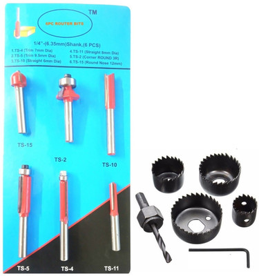 Inditrust new Heavy Duty 6.35mm Trimmer & Router Bits 6pc Set & 6pc wood Hole saw for Wood working