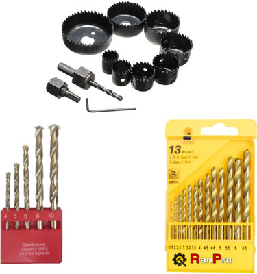 RanPra 11PCS HOLE SAW SET WITH 5PCS & 13PCS HSS DRILL BIT SET FOR WOOD, BRICK ETC.