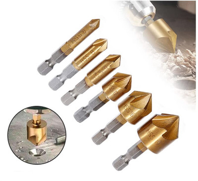 AS TOOL CENTER 6 Pcs 1/4'' Hex Shank HSS 5 Flute Countersink 6 mm-19 mm Five-blade Chamfering Cutter