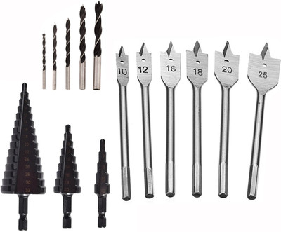 Digital Craft 3Pc Titanium HSS Step Drill Set,6Pc Flat Wood Bit Set,5Pc Wood Drill Set 4-12/4-20/4-32mm Hss Step Drill Bit Black Coated Cone Hole Cutter Metal Drill