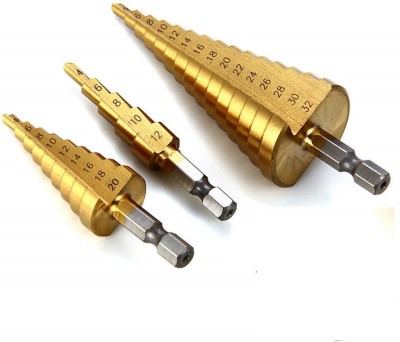 kts12 3Pcs/lot Metric Spiral Flute Step HSS Steel 4241 Cone Titanium Coated Drill Bits Tools Set Hole Cutter 4-12/20/32mm