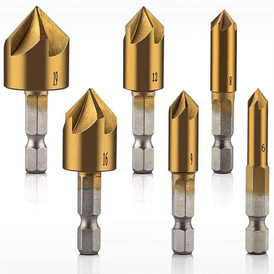 BANISTROKES Drill Bit 1/4'' Hex Shank Hss 5 Flute Countersink 90 Degree Center Punch Tool Sets For Wood Quick Change Bit 6Mm-19Mm