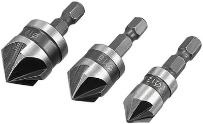 apex ecomm ecommerse Countersink Drill Bit Set 12mm 16mm 19mm Dia 1/4” Hex Shank 90 Degree 5 Flute Chamfer Tool Carbon Steel 3pcs