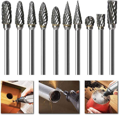 uptodateprouducts ouble Cut Tungsten Carbide Burr Set for Rotary Tool, 10Pcs Rotary Carving Bits with 1/8” Shank and 1/4” Grinding Head for DIY, Woodworking