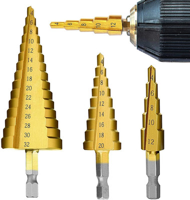 THR3E STROKES 3X Large HSS Steel Step Cone Drill Titanium Bit Set Hole Cutter High Step Steel Titanium Drill Bits Set Power Tools 4-12/4-20/4-32mm