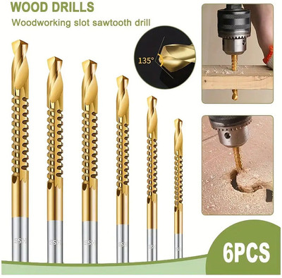 AS TOOL CENTER 6pcs 3-8mm HSS4241 Plated Titanium HSS Drill & Saw Bit, Sawtooth Multi-Functional Twist Drill, For Cutting Wood,