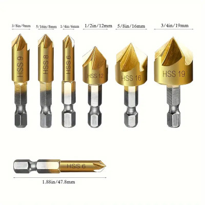 AS TOOL CENTER Countersink In HSS Titanium Coated 90° Degrees 6 Pieces Conical Countersink For Metal With Hex Shank Countersink Wood 6mm 8mm 9mm 12mm 16mm 19mm