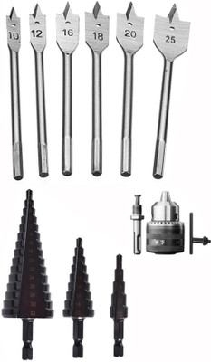 Digital Craft 3Pc Titanium HSS Step Drill Set,13MM Drill Chuck,6Pc Flat Wood Bit Set