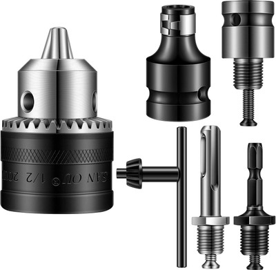 uptodateprouducts 6 Pcs 1.5-13 mm Capacity Drill Chuck Set with Converter Impact Driver Bits Wrench 1/2 Inch Shank 1/4 Inch Hex Shank 1/2 Inch Socket Square Female Adapter