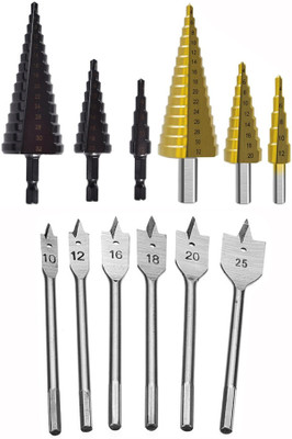 Digital Craft 3Pc Titanium HSS Step Drill Set,6Pc Flat Wood Bit Set,3Pc HSS Step Drill Set 4-12/4-20/4-32mm Hss Step Drill Bit Black Coated Cone Hole Cutter Metal Drill