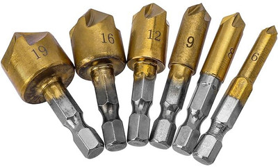 AS TOOL CENTER 6-Piece Titanium-Coated Countersink Drill Bit Set - High-Performance 6 mm-19 mm Five-blade Chamfering Cutter