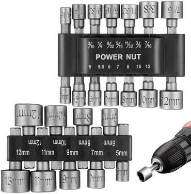 HASTHIP 23Pcs Power Nut Driver Set Hex Shank Metric Socket 23Pcs Power Nut Driver Drill Bit Set Hex Shank Socket Wrench for Power Tools Specialty Woodworking Bits(Pack of 1)
