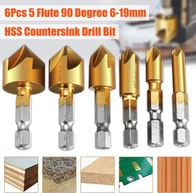 AS TOOL CENTER 6pcs Countersink Bits for Wood Quick Change Bit 6 mm-19 mm Chamfering Cutter