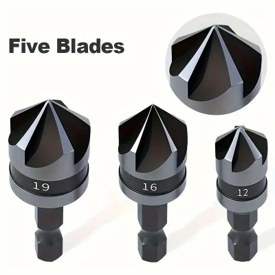 apex ecomm 3pcs Hexagonal Handle Chamfer Tool Set, High Carbon Steel Countersink Drill Bits, 5-Blade 90-Degree Chamfering With Titanium Coating, Universal Shank