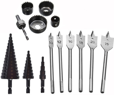 Digital Craft 3Pc Titanium HSS Step Drill Set,6Pc Wood Hole Saw Set,6Pc Flat Wood Bit Set 4-12/4-20/4-32mm Hss Step Drill Bit Black Coated Cone Hole Cutter Metal Drill